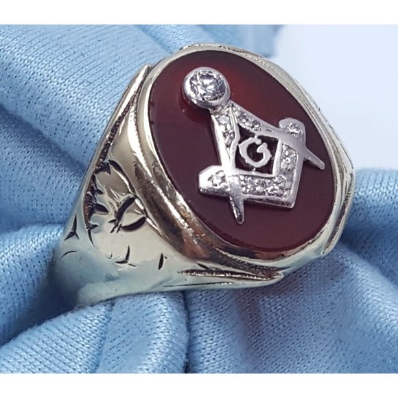 Vintage 14K Solid Two Tone Multi Color Gold Cornelian Masonic Diamond Ring - Picture 2 of 16